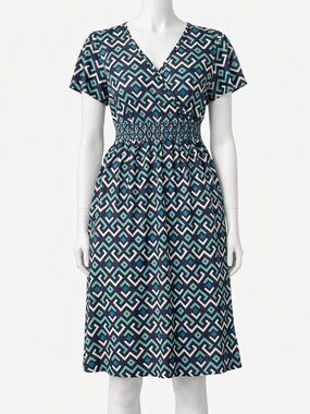 BloomChic Teal Geometric Smocked Waist Midi Dress